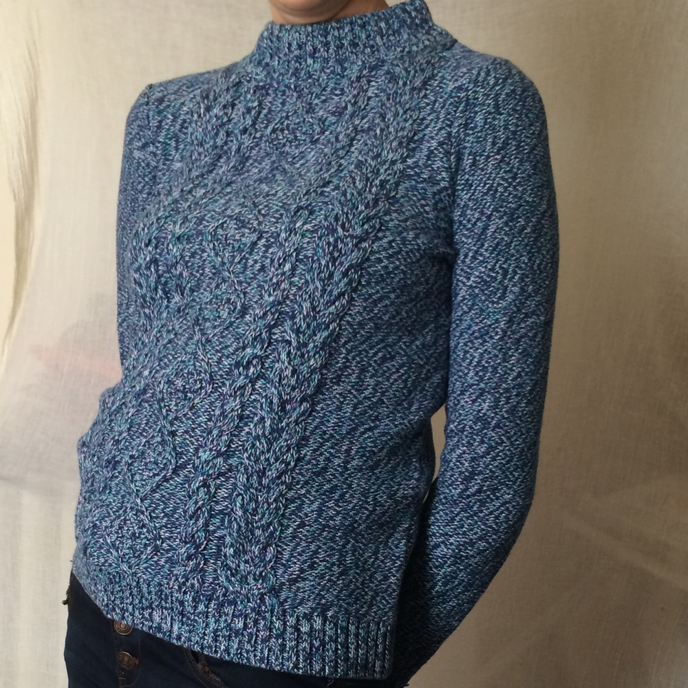 Lands End Mock Turtleneck Tweed Cable Sweater